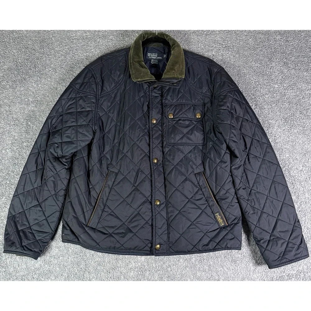 VTG 90s Polo Ralph Lauren Large Quilted Barn Jacket Navy Corduroy Collar READ